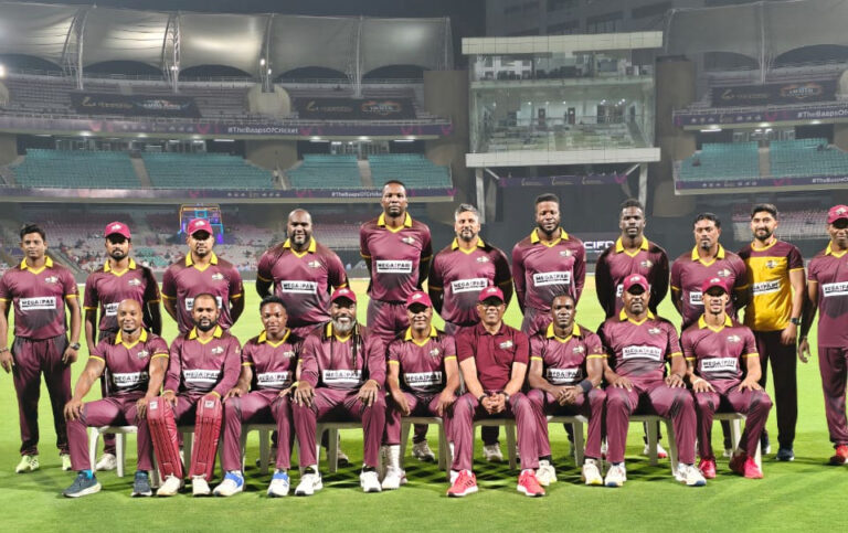 West Indies Masters cricket team posing together as finalists of the International Masters League 2025 in India.
